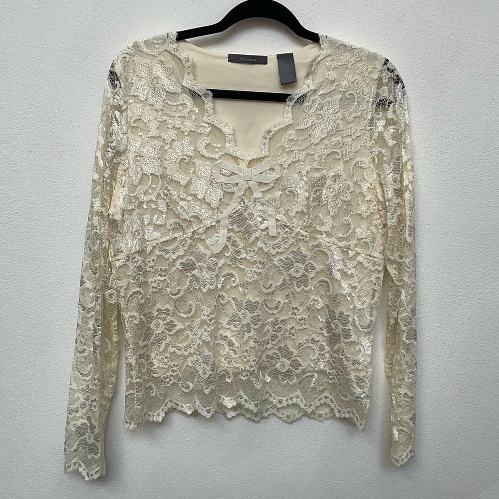 Liz Claiborne Ivory Lace Sheer Sleeve Long Sleeve Top Bow Detail Size Large